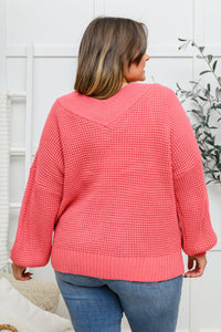 Wide V Neck Waffle Knit Sweater In Rose