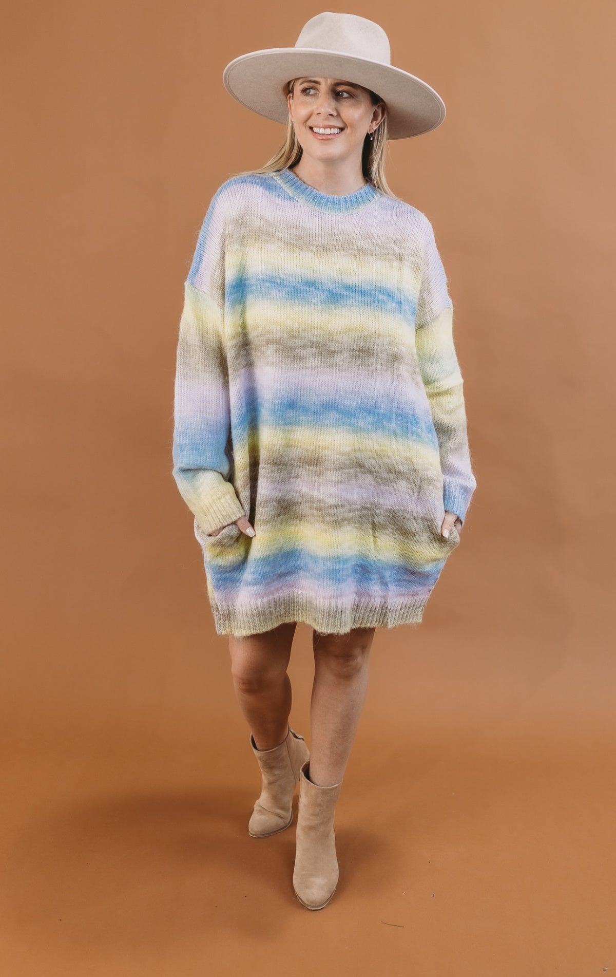 Davi & Dani Color Block Strip Round Neck Loose Sweater Tunic