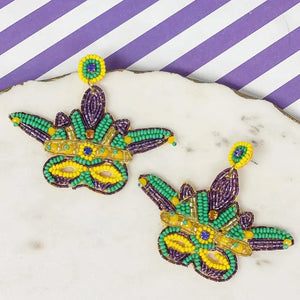 PREORDER: Mardi Gras Mask Beaded Dangle Earrings