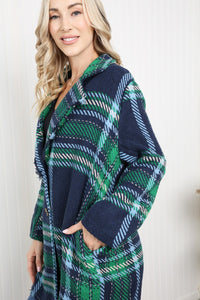 Davi & Dani Full Size Plaid Fringe Trim Pocket Coat