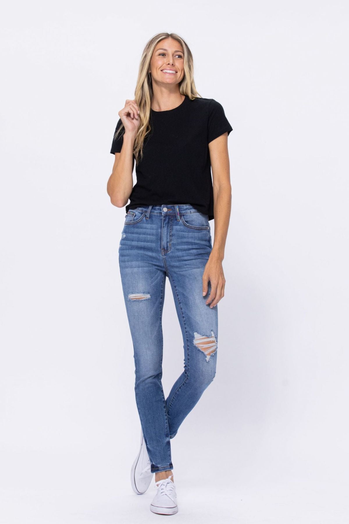 Judy Blue Light Blue Embroidery Pocket Distressed Skinny Jeans