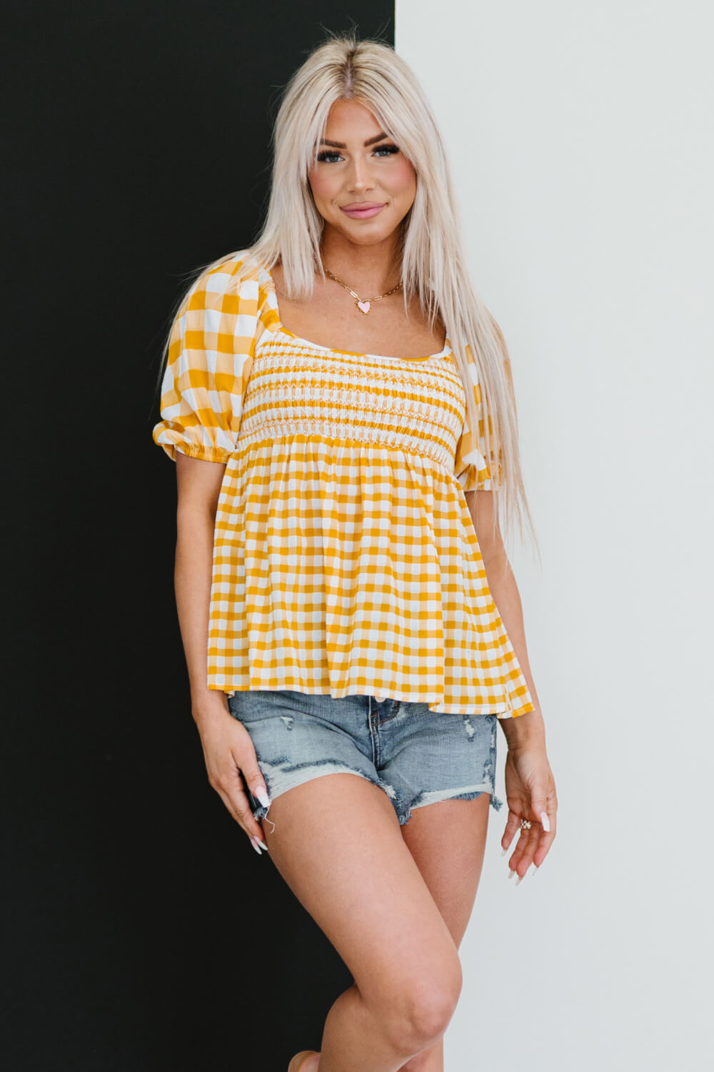 Sunny Meadow Full Size Run Gingham Babydoll Top