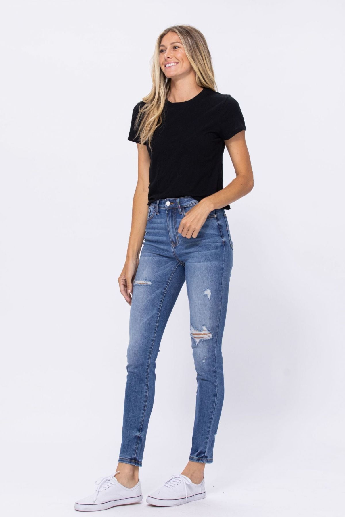 Judy Blue Light Blue Embroidery Pocket Distressed Skinny Jeans