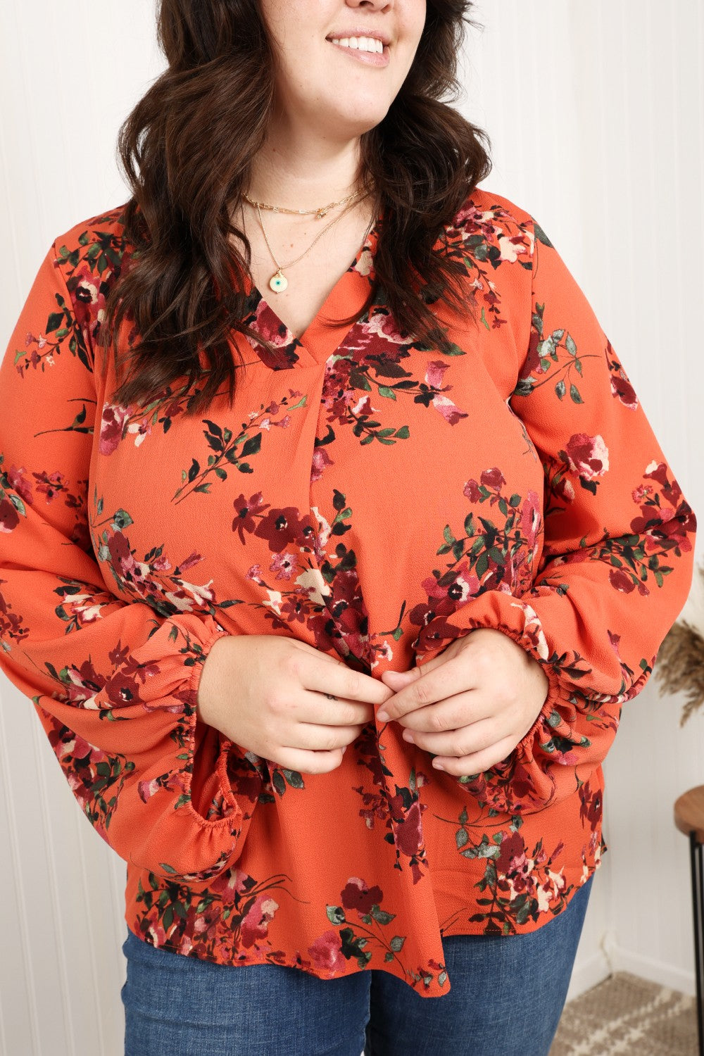 Haptics Full Size Floral Balloon Sleeve Pleated Detail V-Neck Blouse