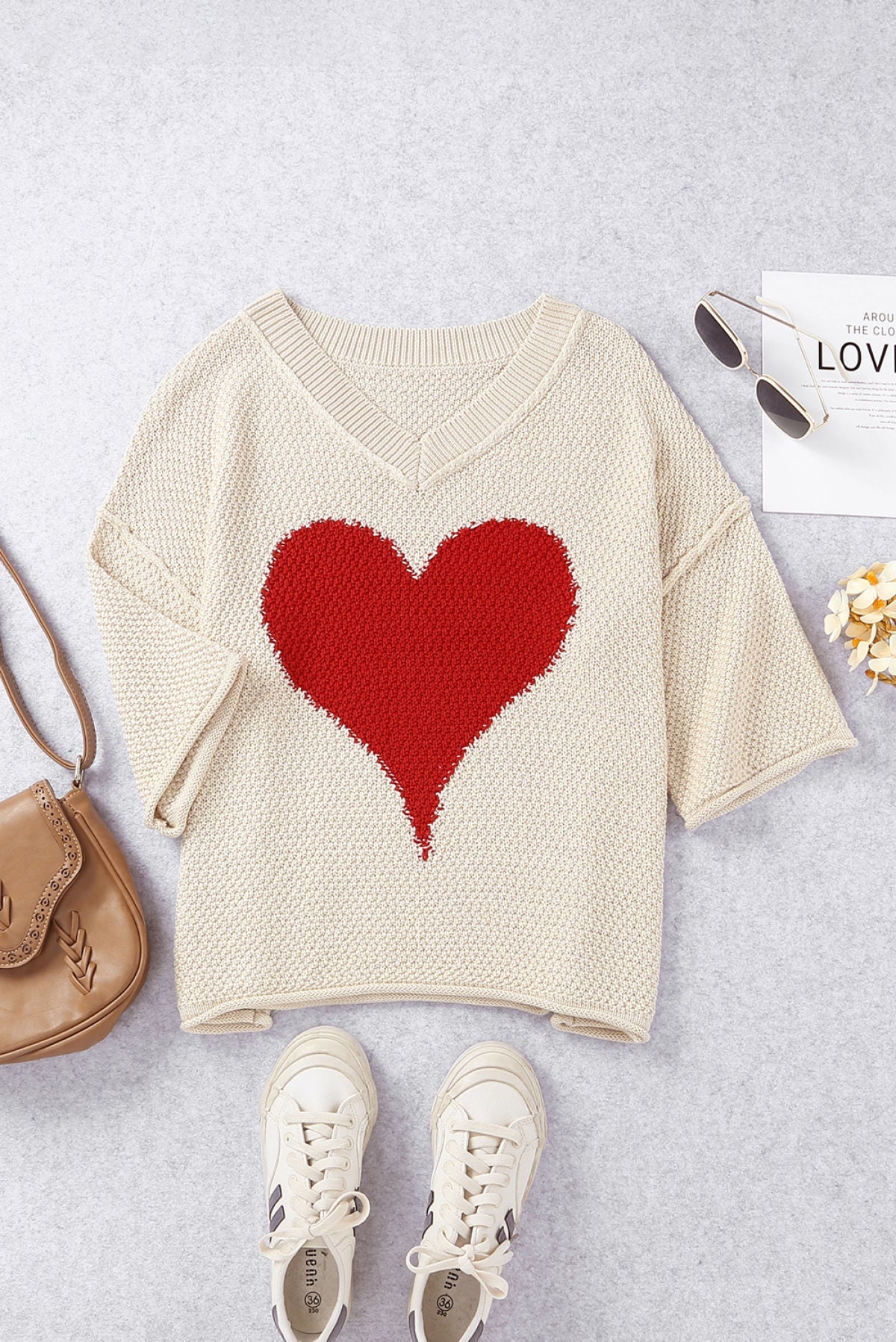 "Hello Sweetheart" V-Neck Dropped Sleeve Heart Print Knit Top