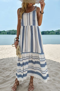 Geometric Print Tie-Shoulder Tiered Maxi Dress