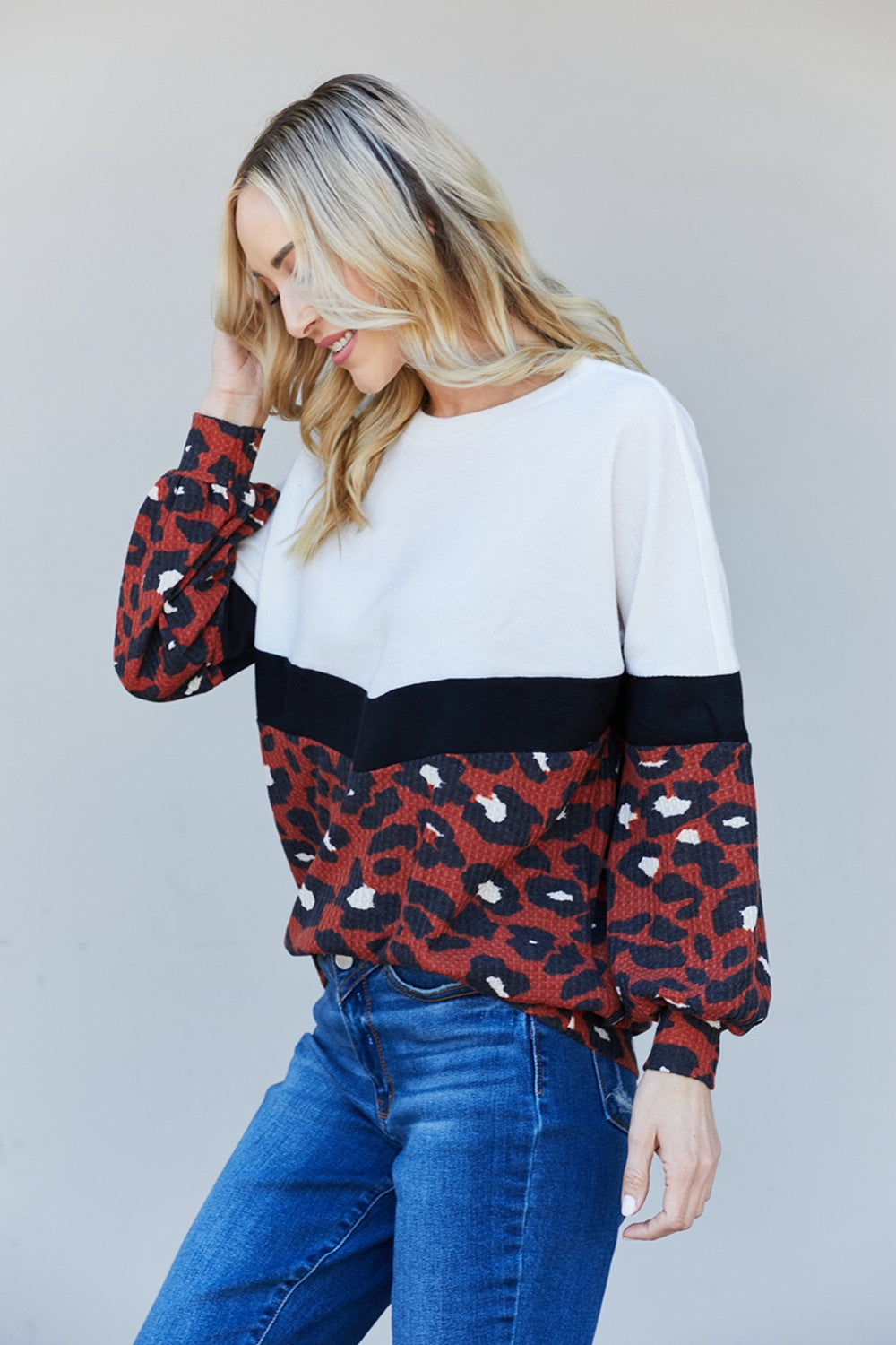 Rae Mode Full Size Leopard Color Block Round Neck Sweatshirt