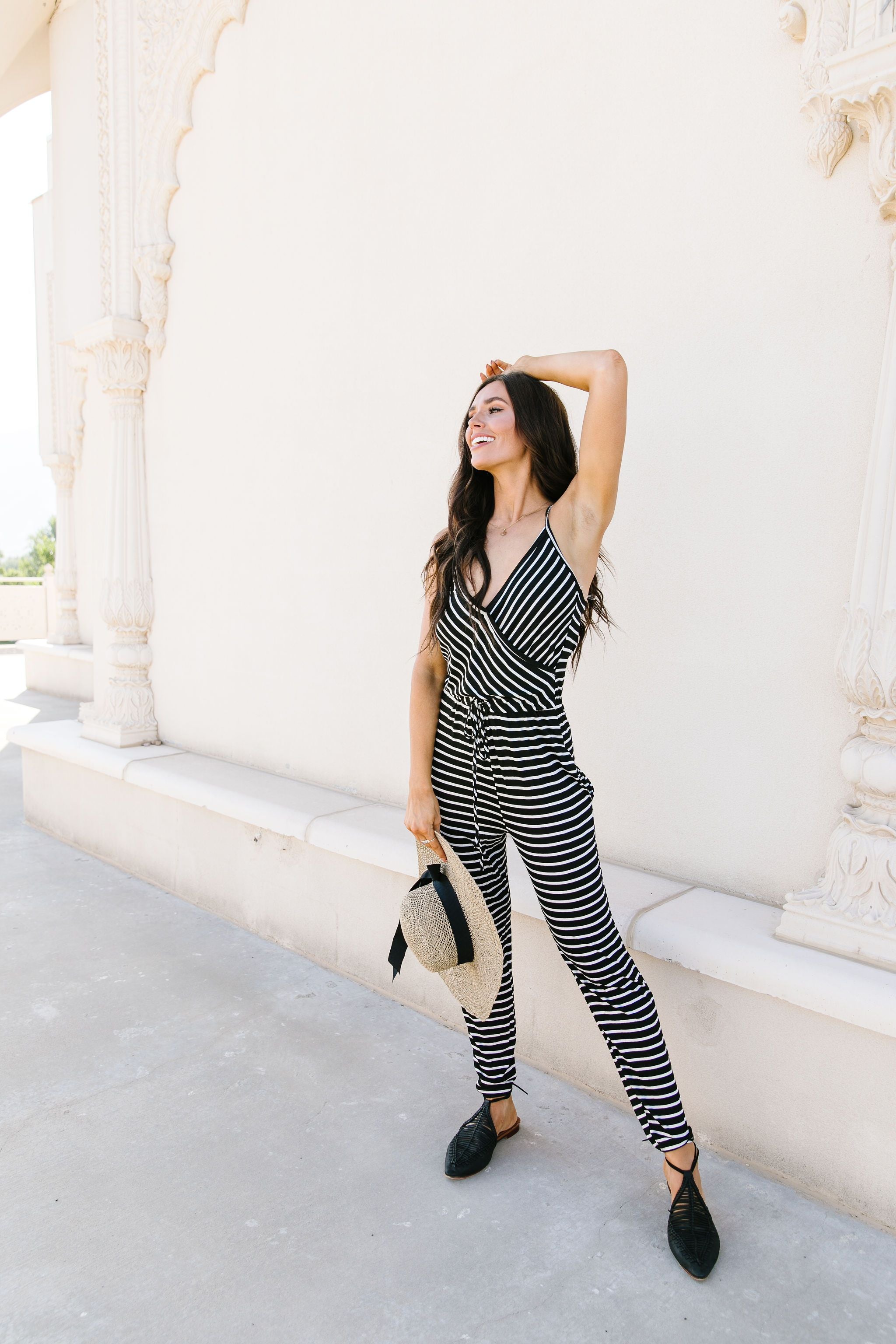 Black & White Striped Surplice Jumpsuit