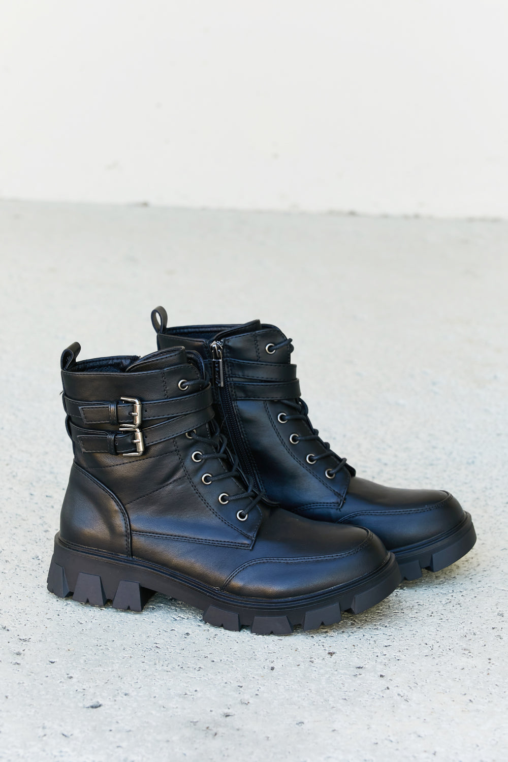 Weeboo Faux Leather Buckled Combat Boots