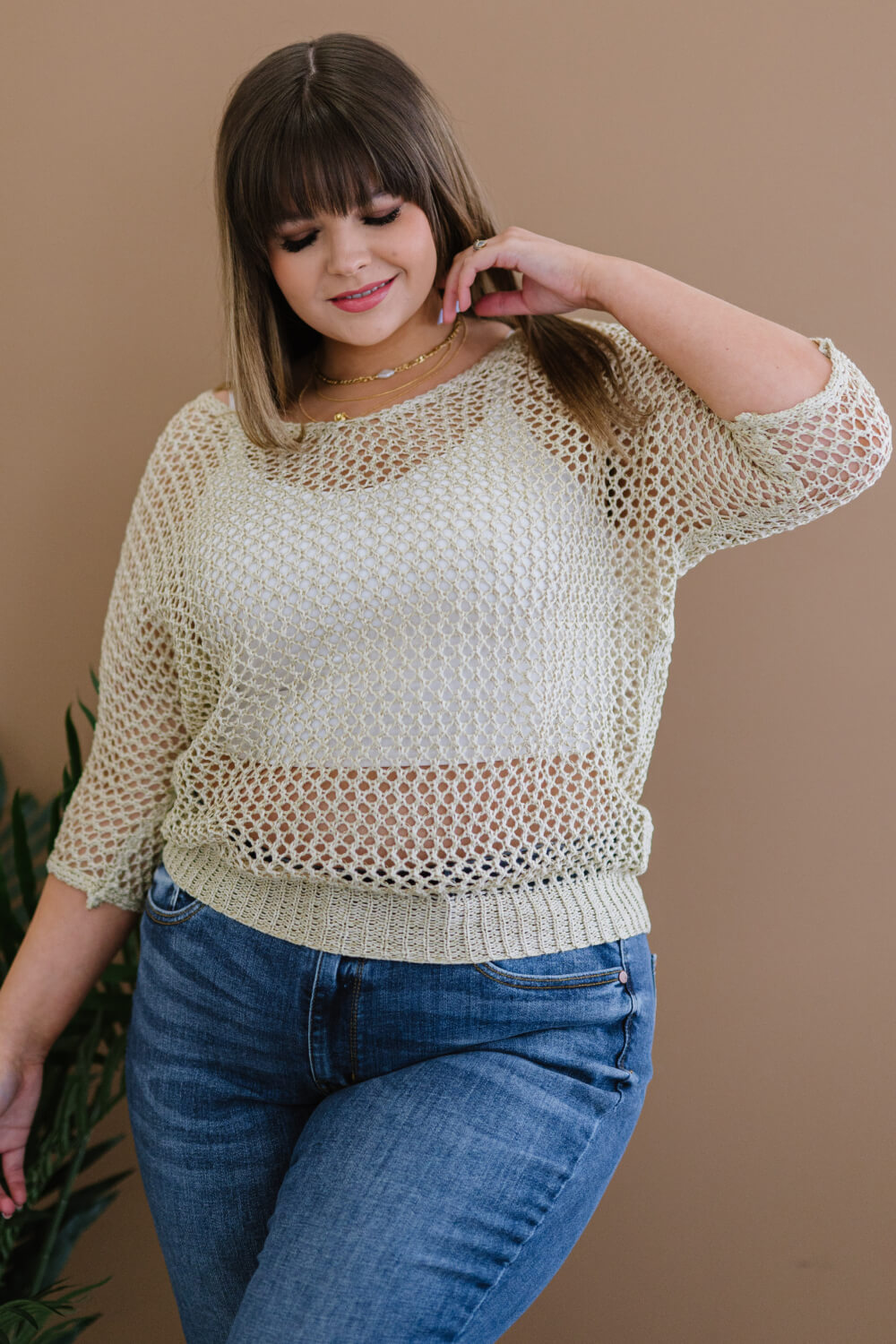 Gracefully Golden Full Size Run Openwork Sweater