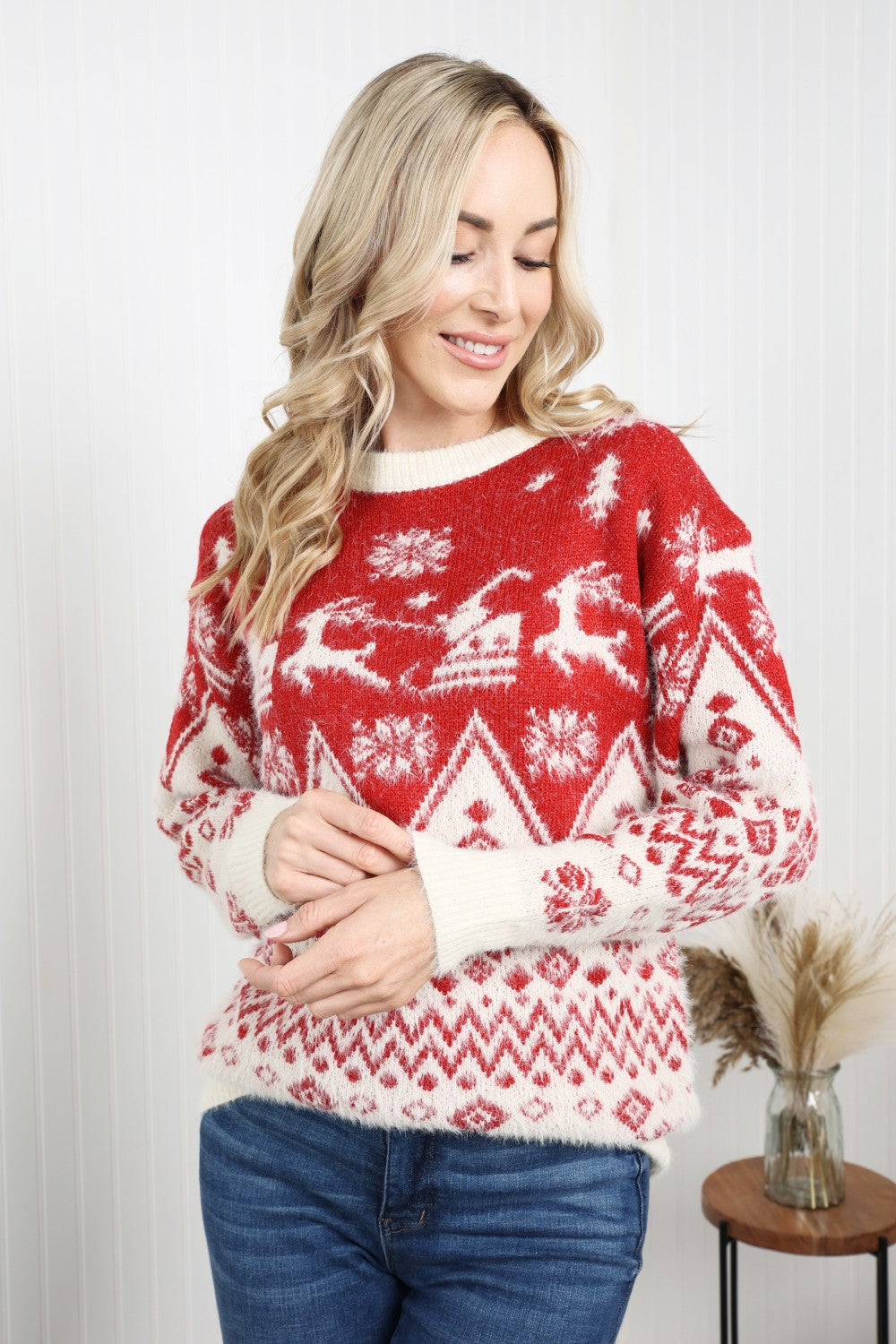 Haptics Full Size Christmas Fuzzy Dropped Shoulder Sweater