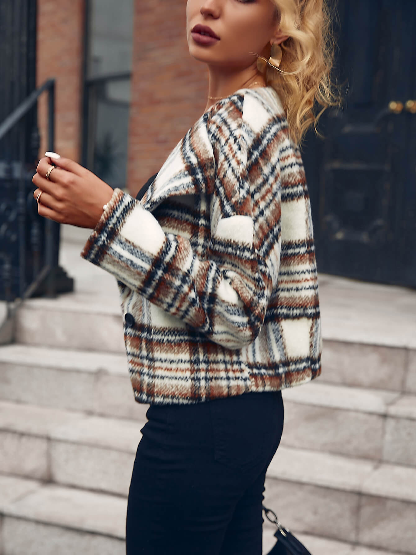 Plaid Dropped Shoulder Cropped Jacket