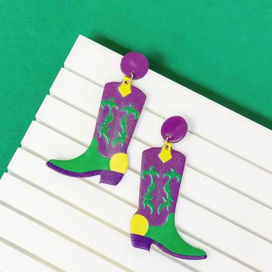 PREORDER: Mardi Gras Cowboy Boots Dangle Earrings