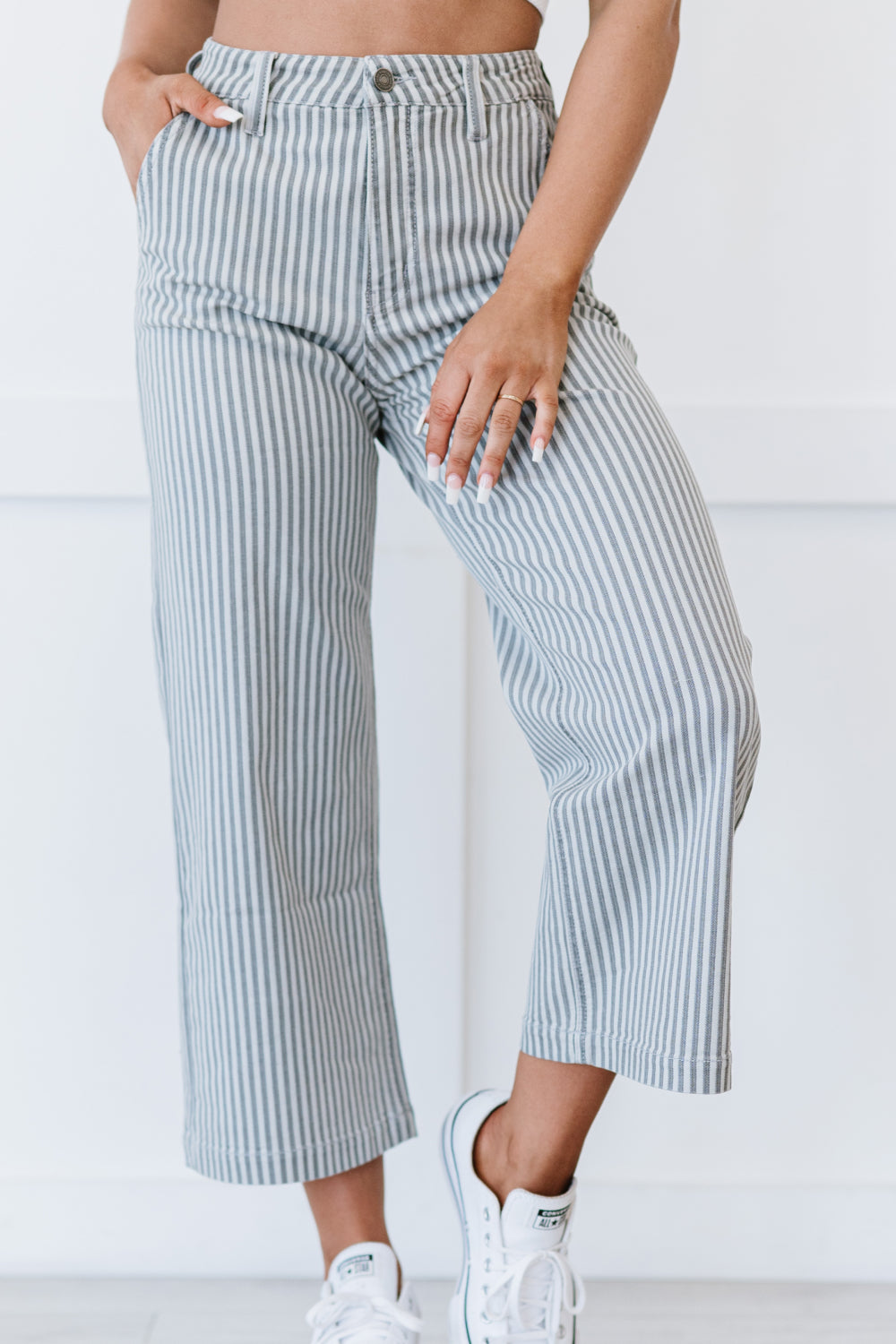 Kancan Emerson Pinstripe Wide Leg Cropped Jeans