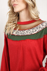 Haptics Full Size Leopard Contrast Exposed Seam Top in Red