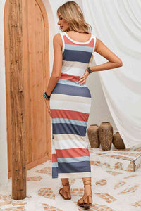 Striped Drawstring Ruched Square Neck Sleeveless Dress(allow 2 weeks for delivery)