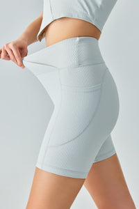 V-Waist Ribbed Sports Biker Shorts with Pockets