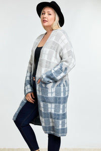 Davi & Dani Plus Color Block Plaid Pattern Long Cardigan