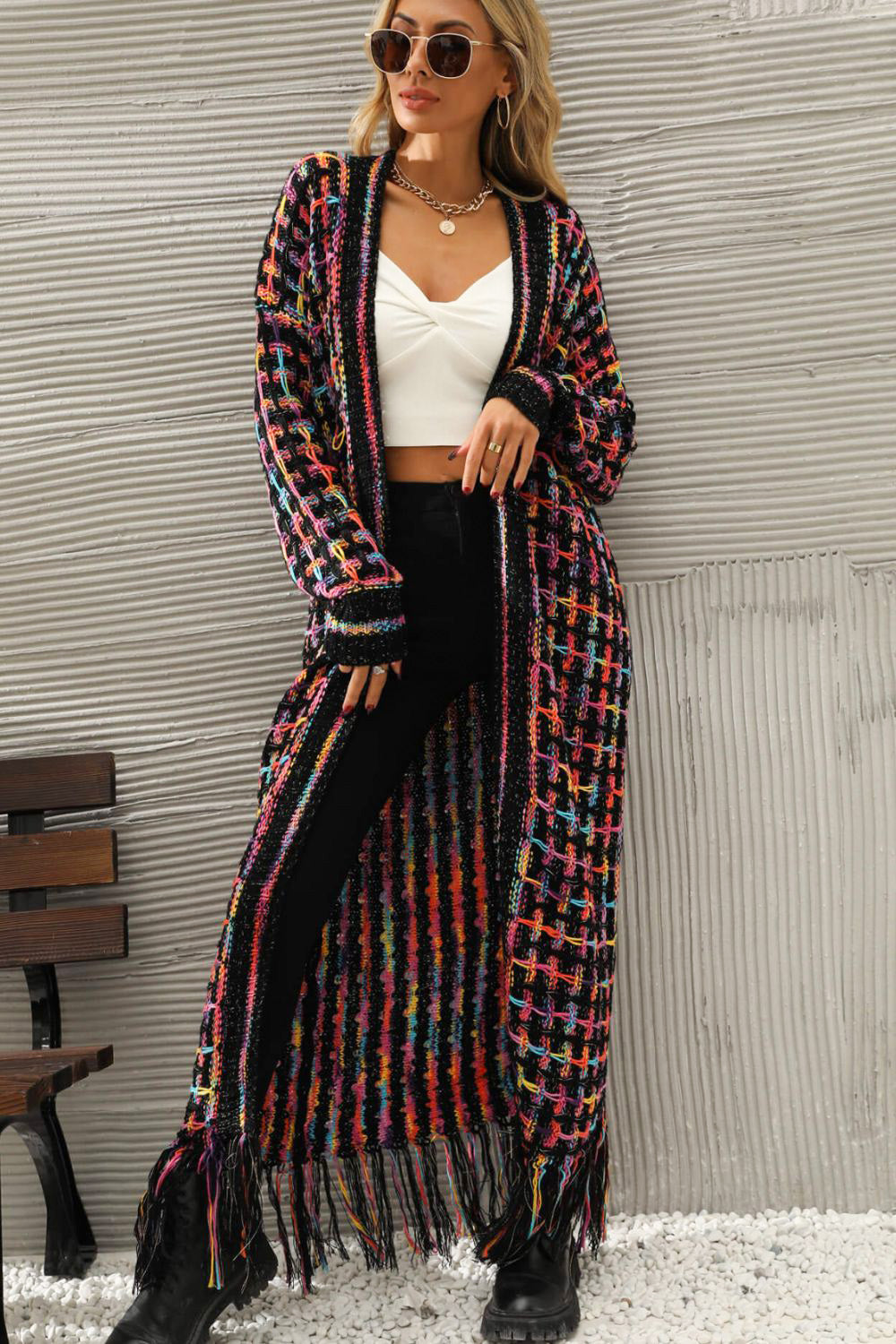 Multicolored Open Front Fringe Hem Cardigan *THIS IS A PRE ORDER ITEM*