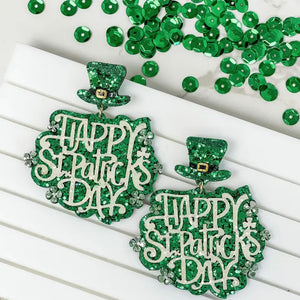 PREORDER: Green Glitter 'Happy St. Patrick's Day' Dangle Earrings