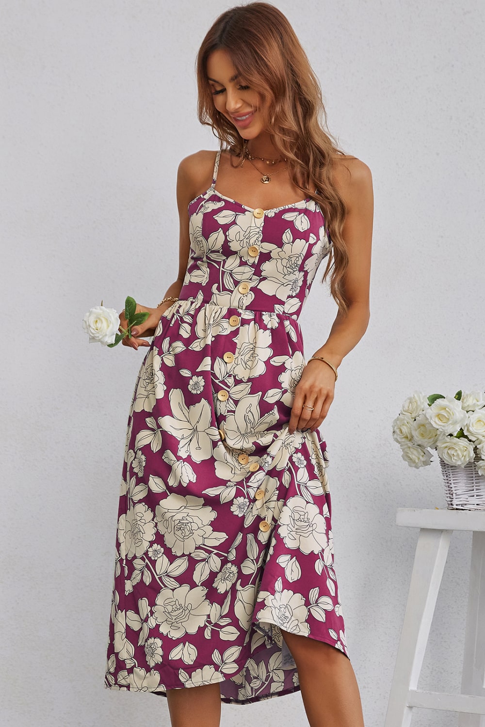 Floral Cutout Bow Detail V-Neck Dress