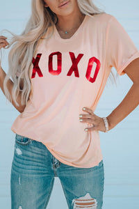 Pink XOXO Glitter Pattern Print Short Sleeve Graphic Tee