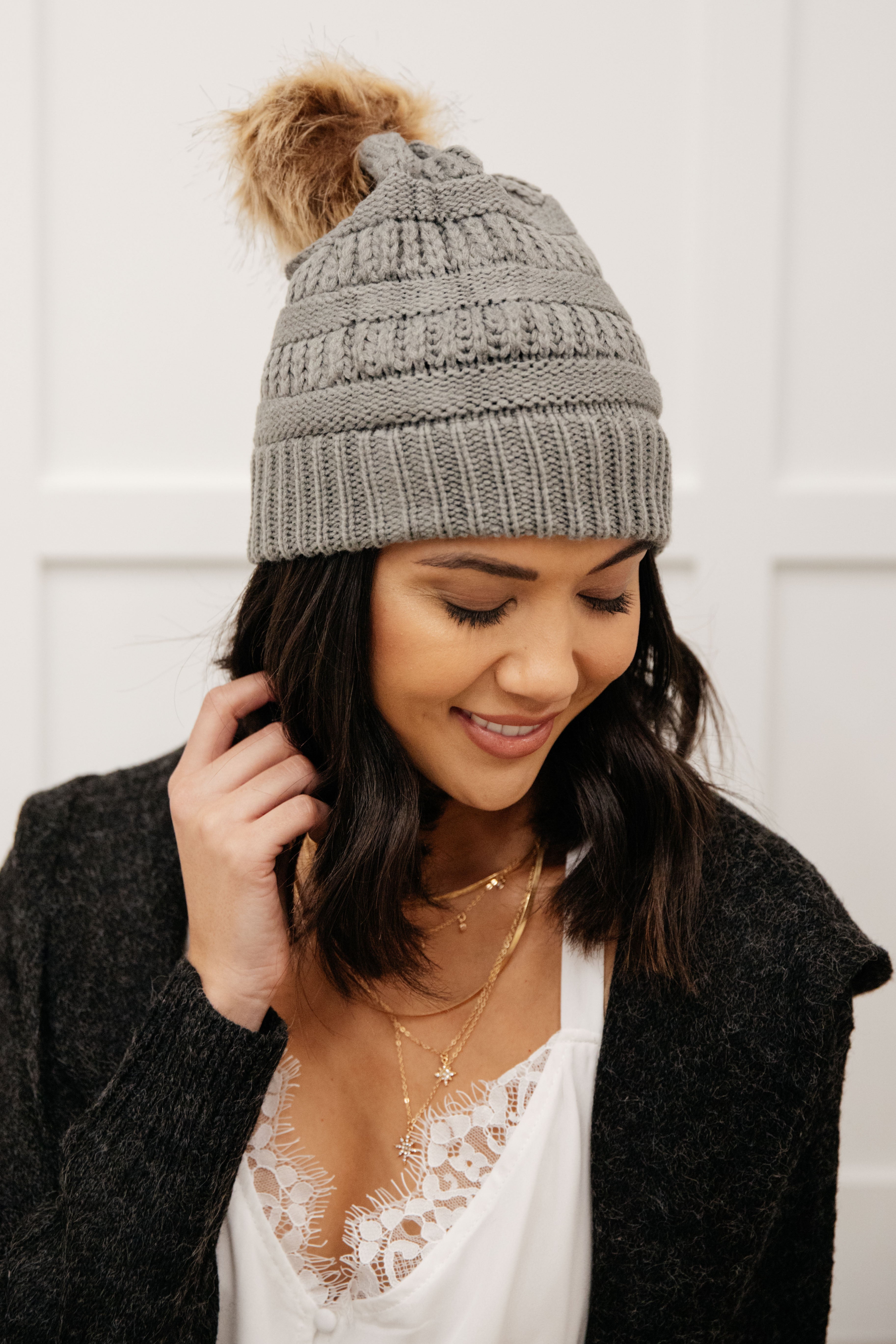 Faux Pom Pom Beanie In Slate Gray