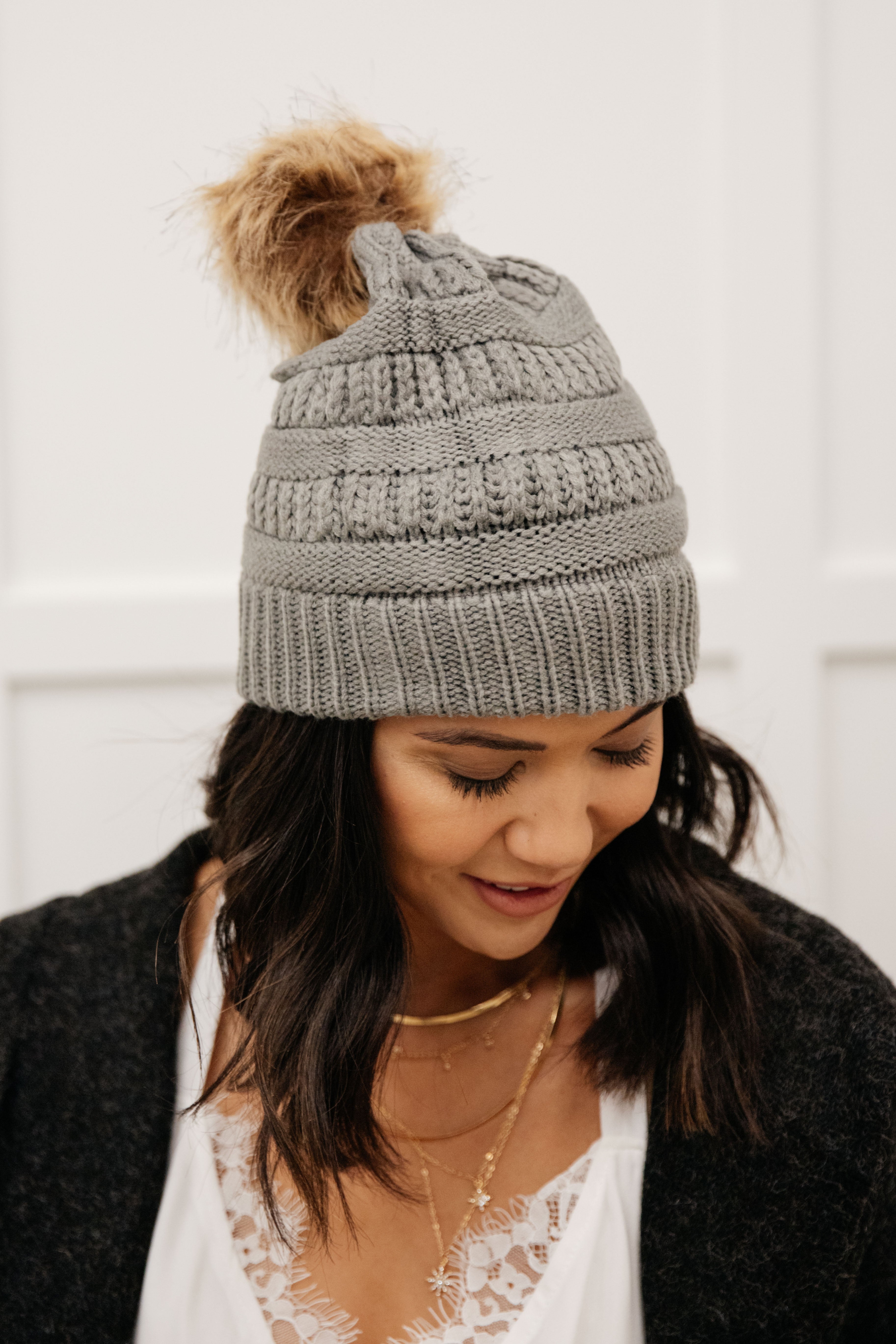 Faux Pom Pom Beanie In Slate Gray