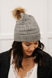 Faux Pom Pom Beanie In Slate Gray