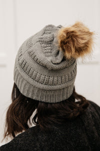 Faux Pom Pom Beanie In Slate Gray