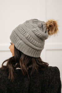 Faux Pom Pom Beanie In Slate Gray