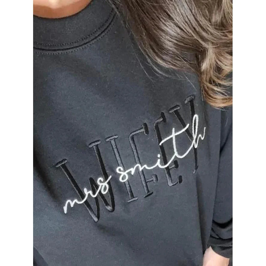 PREORDER: Custom Embroidered Wifey Sweatshirt in Four Color Options