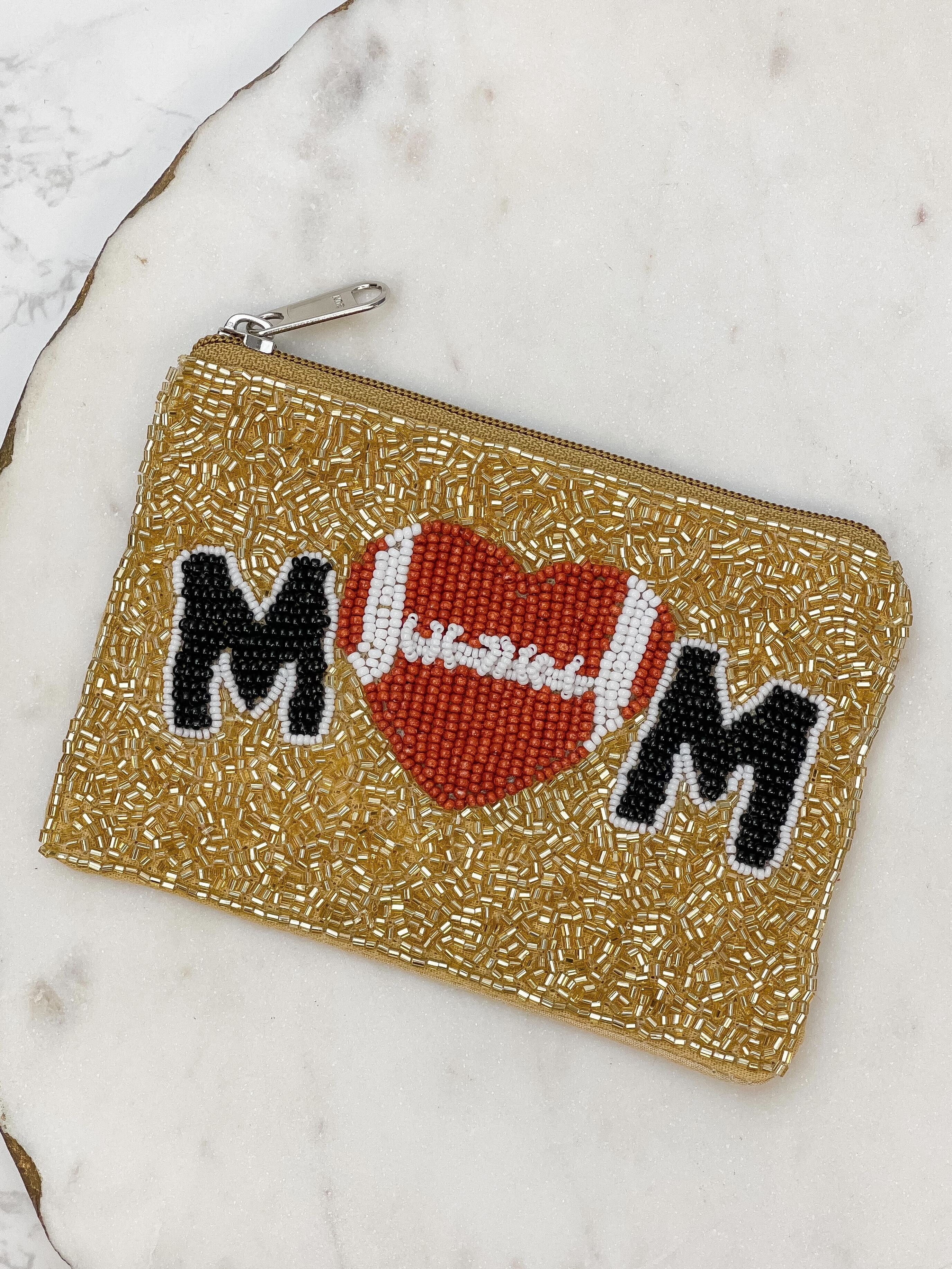 PREORDER: Football Heart Mama Beaded Zip Pouch in Two Colors