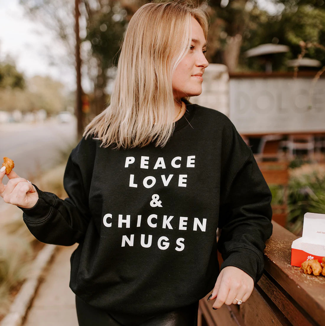 PREORDER: Peace Love and Chicken Nugs Sweatshirt in Black